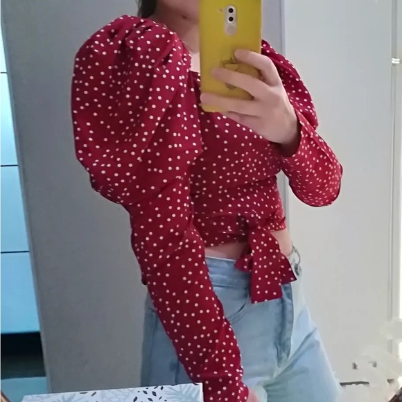 Puff sleeve crop top blouse shirt polka dot red top shirt open back tie - Picture 5 of 6